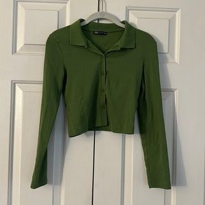 Zara Cropped Knit Button Up Collared Long Sleeve Top | M